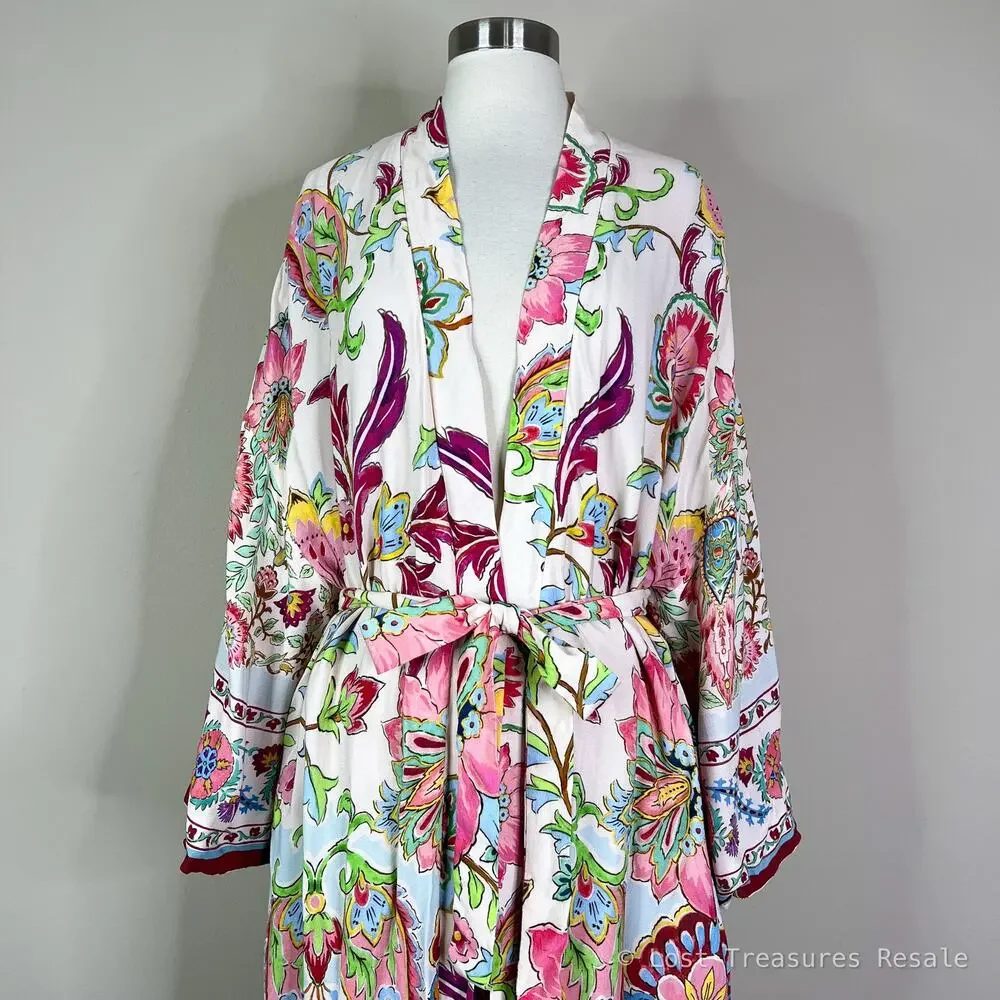 ZARA | Floral Print Belted Long Kimono Duster Cover Up White Pink Cardigan Large